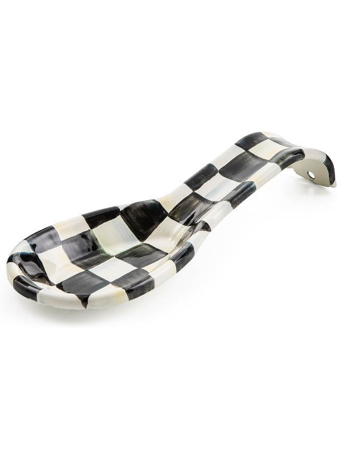 MACKENZIE-CHILDS Enamel Spoon Rest, Kitchen Utensil Rest and Spoon Holder, Kitchen Decor, Black-and-White Courtly Check - Image 1